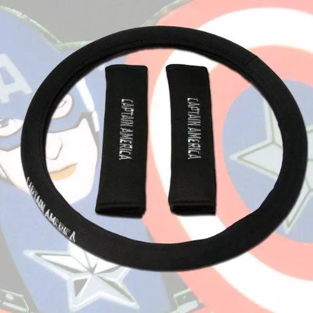 Alt view image 5 of 7 - New 16 Pieces Captain Amerca Logo Low Back Front Car Seat Covers, Rear Bench Cover, Seat Belt Covers, Steering Wheel Cover, 4 Pieces Carpet Floor Mats and a 2 oz Purple Slice Car Wash Free Detailer