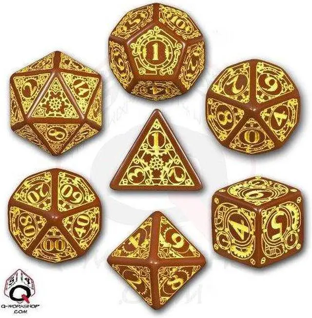 Main image of Q-Workshop Polyhedral 7-Die Set: Carved Steampunk Dice Set (Brown & Yellow) QWOSSTE32 Q WORKSHOP