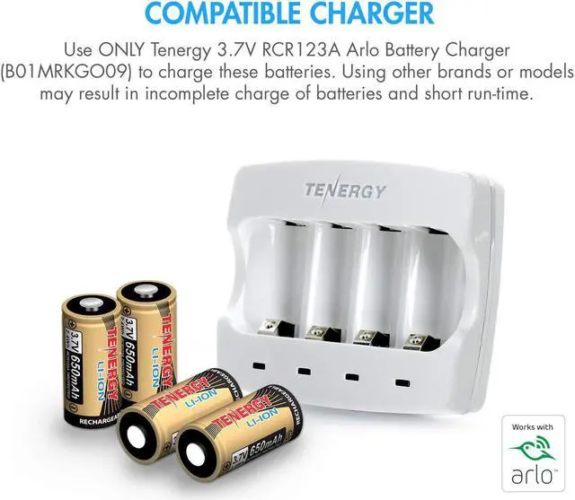 Alt view image 7 of 12 - Arlo Certified: Tenergy 3.7V Arlo Battery Fast Charger and 650mAh RCR123A Li-ion Rechargeable Batteries for Arlo Wireless Security Cameras (VMC3030/VMK3200/VMS3330/3430/3530),UL UN Certified, 8-Pack