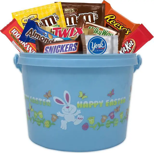 Main image of Plastic Easter Candy Bucket in Blue with 2lbs Individually Wrapped Snacks of Chocolate