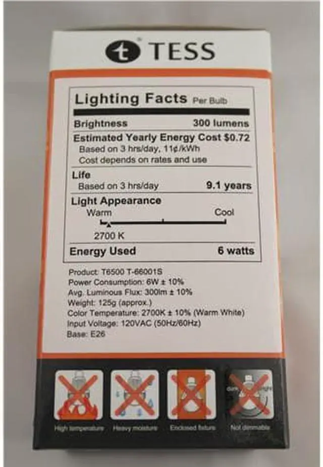 Alt view image 2 of 2 - TESS LED Light Bulb 6W Warm White UL Certified E26 E27 A19 120V US Cree LED Chip Non-Dim 120 Beam Angle