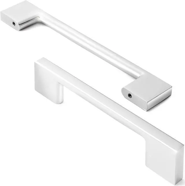 Alt view image 2 of 6 - Cauldham 10 Pack Solid Kitchen Cabinet Pulls Handles (3-5/8" Hole Centers) - Modern Thin Profile Drawer/Door Hardware - Style M255 - Polished Chrome