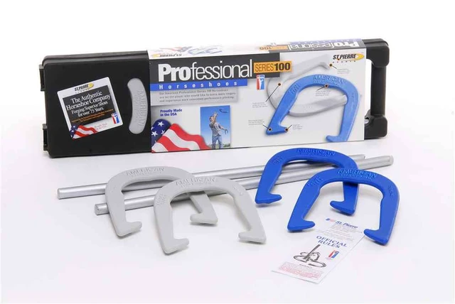 Alt view image 5 of 6 - St. Pierre American Professional Series Horseshoes Complete Set with 4 Horseshoes, 2 Steel Stakes, Official Rulebook, and Bag.