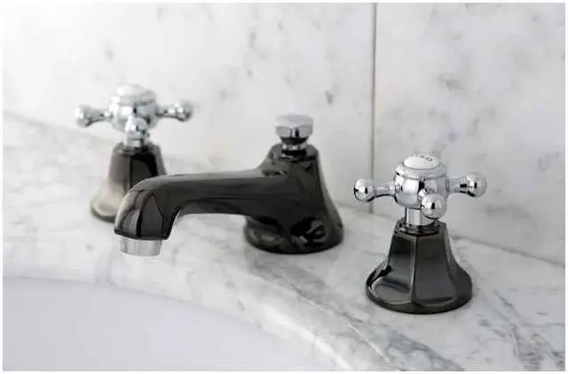 Main image of Kingston Brass NS4467BX Water Onyx widespread lavatory faucet with brass pop-up drain, black nickel finish with chrome trim