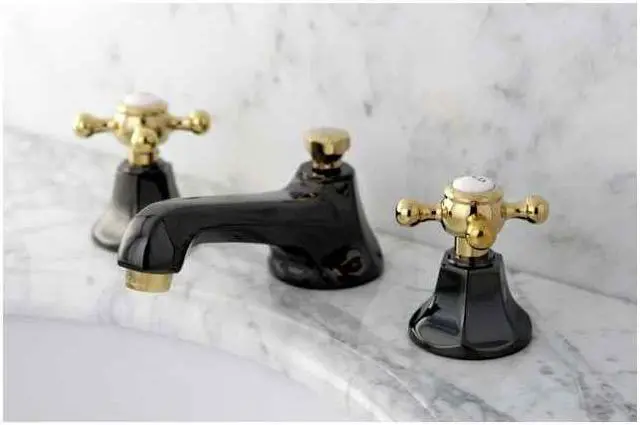 Main image of Kingston Brass NS4469BX Water Onyx widespread lavatory faucet with brass pop-up drain, black nickel finish with polished brass trim