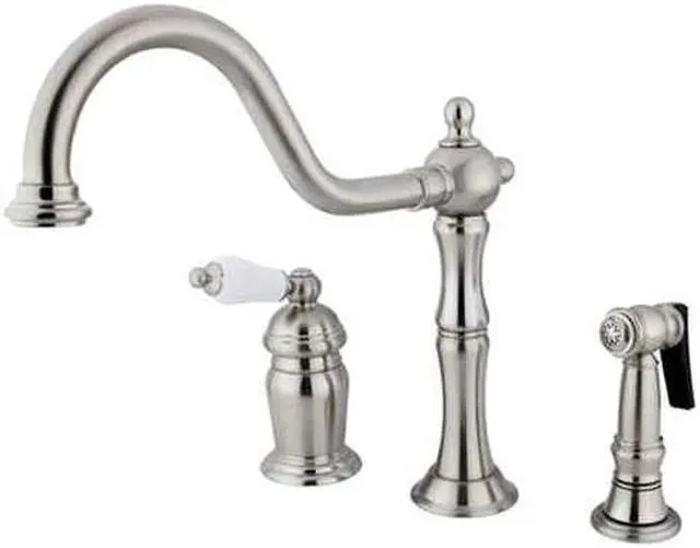 Alt view image 2 of 5 - Kingston Brass KS181.PLBS Heritage Kitchen Faucet with Porcelain Lever Handle an, Satin Nickel