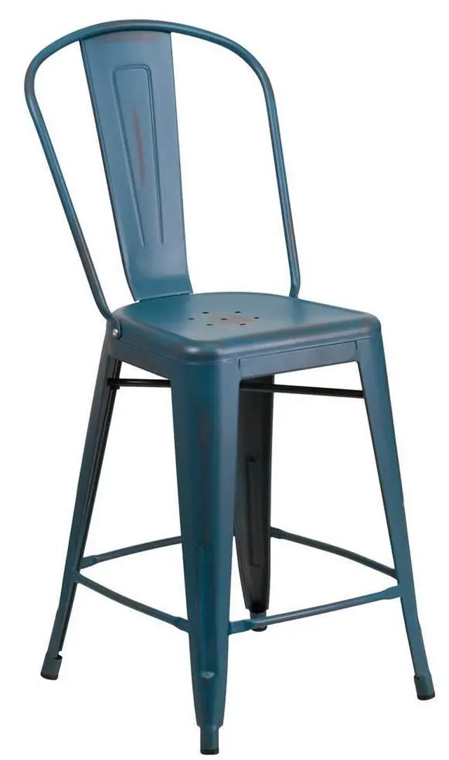 Main image of Flash Furniture High Distressed Kelly Metal Indoor Counter Height Stool, Blue, 24"