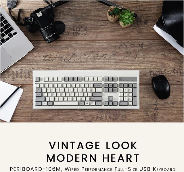 Alt view image 2 of 16 - Perixx PERIBOARD-106M, Wired Performance Full-Size USB Keyboard, Curved Ergonomic Keys, Classic Retro Gray/White Color
