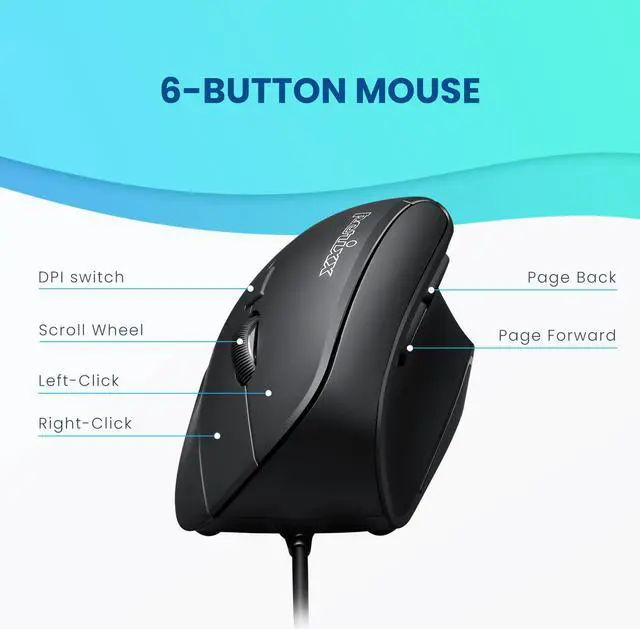 Alt view image 2 of 7 - Perixx PERIMICE-515 Wired Ergonomic Vertical Mouse, 6 Button Optical Natural Ergo Mouse with 2 Level Switch 1000/1600, Right Handed