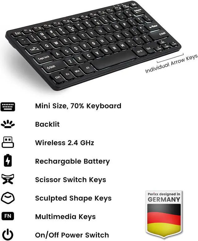 Alt view image 7 of 7 - Perixx PERIBOARD-732B Wireless Backlit Mini Keyboard, X Type Scissor Keys, White Backlit