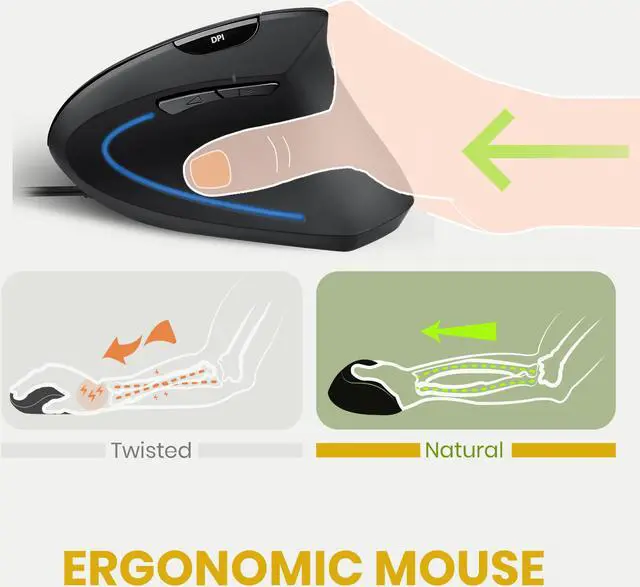 Alt view image 3 of 7 - Perixx PERIMICE-513N Wired USB Ergonomic Vertical Mouse 1000/1600 DPI 6 Button Design