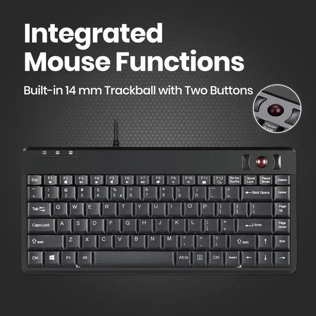 Alt view image 3 of 7 - Perixx PERIBOARD-505H PLUS, Wired USB Trackball Keyboard - Built-in 2x USB 2.0 Hubs - Mini Design - Fit with Professional or Industrial Use - Built inTrackball - US English Layout