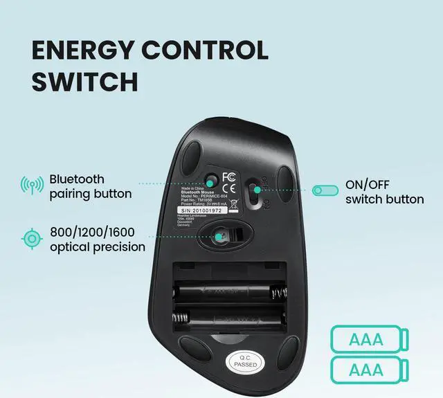 Alt view image 3 of 8 - Perixx PERIMICE-804  Bluetooth Ergonomic Vertical Optical Mouse 800/1200/1600 DPI 6 Buttons Design