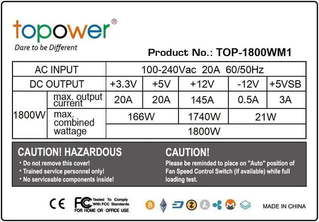 Alt view image 2 of 5 - TOPOWER 1800W GPU Mining Power Supply For BTC/BCH/ETC/ETH/LTC/ XMR/XRP/ZEC etc, Ethereum Crypto Coin Mining Miner, Support 8 Graphics Card For ATX Mining Rig, AC Input 100 - 240V