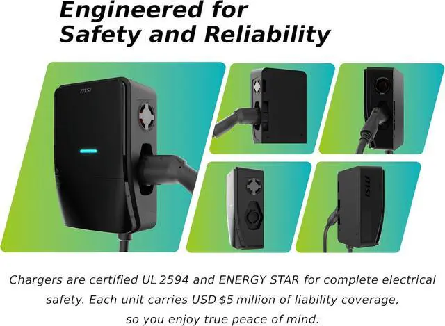 Alt view image 2 of 7 - MSI EV Life Type 1 (J1772) NEMA 14-50, Level 2 Charger, 240V, 40A, 9.6KW, IP55 Rated-Water and dust Resistant, IK08 Impact Resistant, UL2594 Certified, Energy Star, 5 Years Warranty