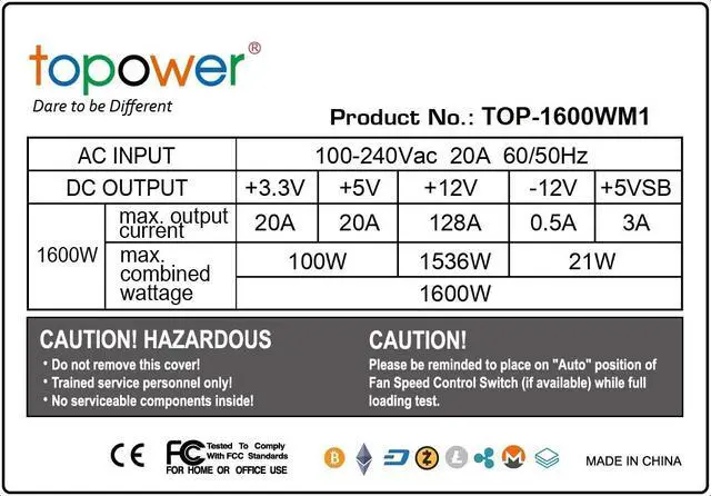 Alt view image 4 of 5 - TOPOWER 1600W GPU Mining Power Supply For BTC/BCH/ETC/ETH/LTC/ XMR/XRP/ZEC etc, Ethereum Crypto Coin Mining Miner, Support 8 Graphics Card For ATX Mining Rig, AC Input 100 - 240V