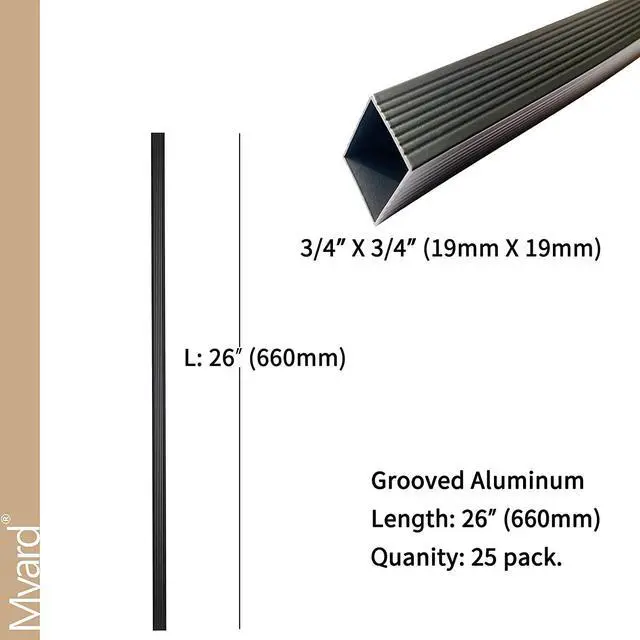 Alt view image 2 of 6 - Myard 26 Inches Grooved Estate Square Aluminum Deck Balusters for Decking Railing Patio Fence, Modern Look (25-Pack, Matte Black)