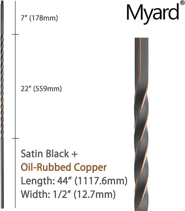 Alt view image 2 of 3 - Myard Long Twist 1/2 Inches Square Iron Stair Balusters, 44 Inches 10-Pack (Satin Black + Oil-Rubbed Copper)