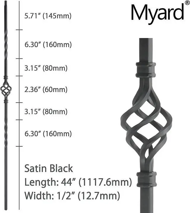 Alt view image 2 of 3 - Myard Single Basket 1/2 Inches Square Iron Stair Balusters, 44 Inches 5-Pack (Satin Black)