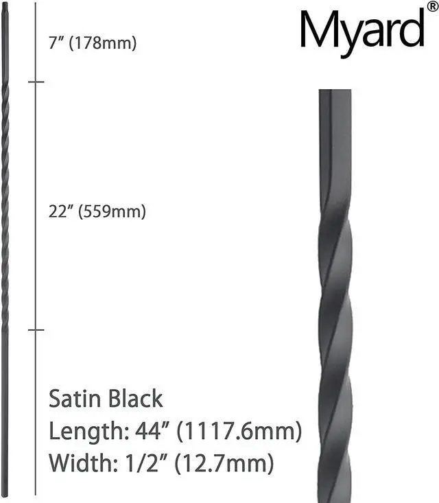 Alt view image 2 of 2 - Myard Long Twist 1/2 Inches Square Iron Stair Balusters, 44 Inches 10-Pack (Satin Black)