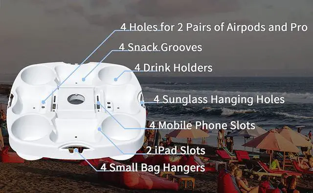 Alt view image 2 of 7 - Myard Umbrella Table Tray 15 Inches Pro for Beach, Patio, Swimming Pool with 4 Drink Holders, 4 Snack Grooves, 4 Sunglasses Holes, 4 Phone Slots, 4 Airpods Holes, 2 Ipad Slots, 4 Small Bag Hangers