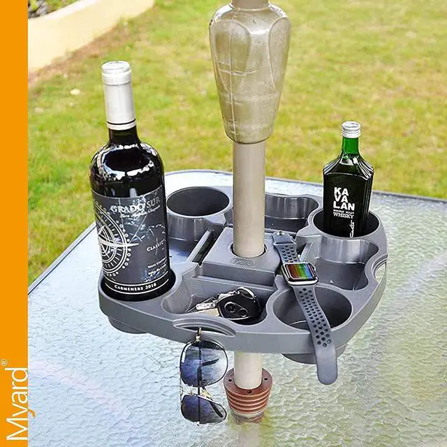 Alt view image 6 of 7 - Myard Umbrella Table Tray 15 Inches Pro for Beach, Patio, Swimming Pool with 4 Drink Holders, 4 Snack Grooves, 4 Sunglasses Holes, 4 Phone Slots, 4 Airpods Holes, 2 Ipad Slots, 4 Small Bag Hangers