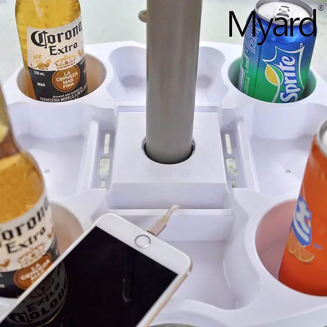 Alt view image 7 of 7 - Myard Umbrella Table Tray 15 Inches Pro for Beach, Patio, Swimming Pool with 4 Drink Holders, 4 Snack Grooves, 4 Sunglasses Holes, 4 Phone Slots, 4 Airpods Holes, 2 Ipad Slots, 4 Small Bag Hangers