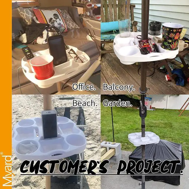 Alt view image 5 of 7 - Myard Umbrella Table Tray 15 Inches Pro for Beach, Patio, Swimming Pool with 4 Drink Holders, 4 Snack Grooves, 4 Sunglasses Holes, 4 Phone Slots, 4 Airpods Holes, 2 Ipad Slots, 4 Small Bag Hangers