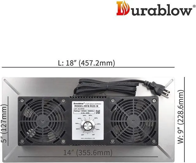 Alt view image 2 of 7 - Durablow Air-In Stainless Steel Crawl Space Foundation Dual Fans Ventilator + Built-In Dehumidistat + Freeze Protection Thermostat + Radon Mitigation (Stainless Steel 304)