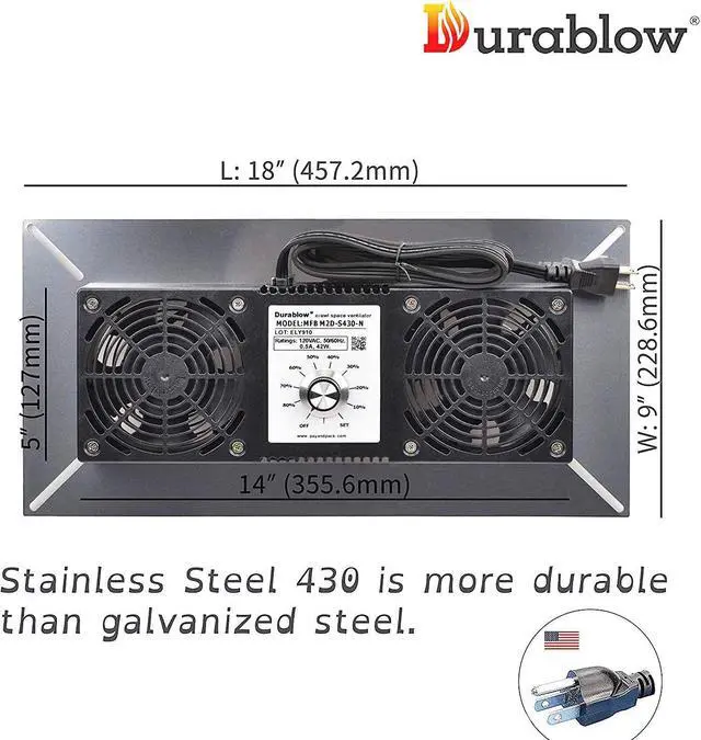Alt view image 2 of 7 - Durablow Air-In Stainless Steel Crawl Space Foundation Dual Fans Ventilator + Built-In Dehumidistat + Freeze Protection Thermostat + Radon Mitigation (Stainless Steel 430)