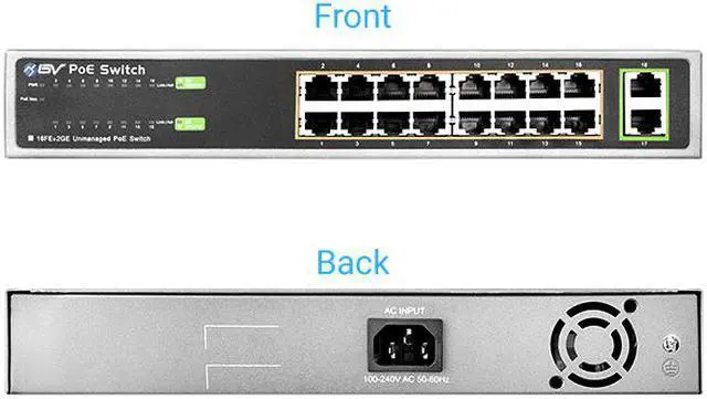 Alt view image 4 of 8 - BV-Tech 16 Port PoE+ Unmanaged Switch + 2 Gigabit Ethernet Uplink – 130W – 802.3at – POE-SW1602-E