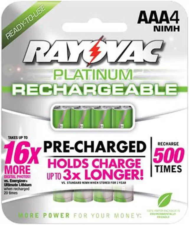 Alt view image 2 of 9 - Rayovac Platinum Rechargeable NiMH Batteries, AAA, 4 per Pack