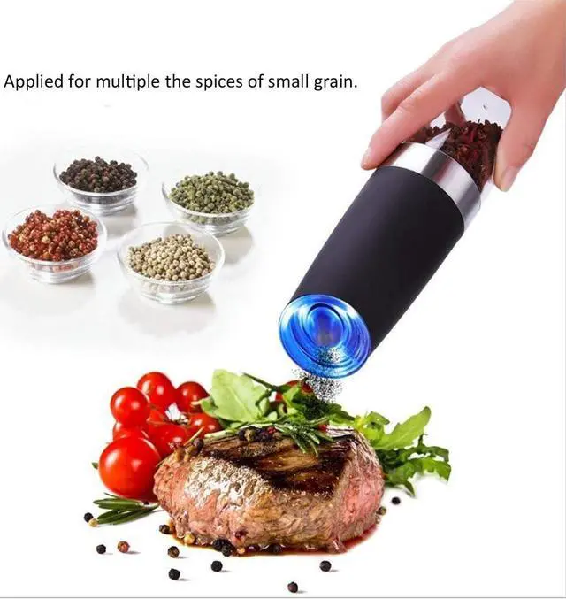 Alt view image 2 of 7 - Electric salt and pepper grinder Gravity induction starting with adjustable coarseness battery power supply blue led light one-hand operation