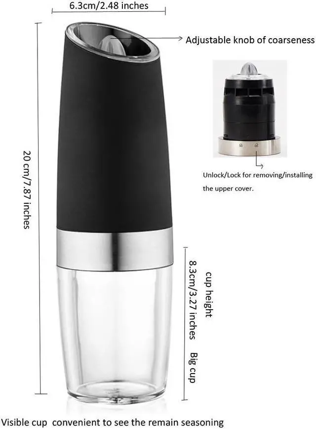 Alt view image 4 of 7 - Electric salt and pepper grinder Gravity induction starting with adjustable coarseness battery power supply blue led light one-hand operation