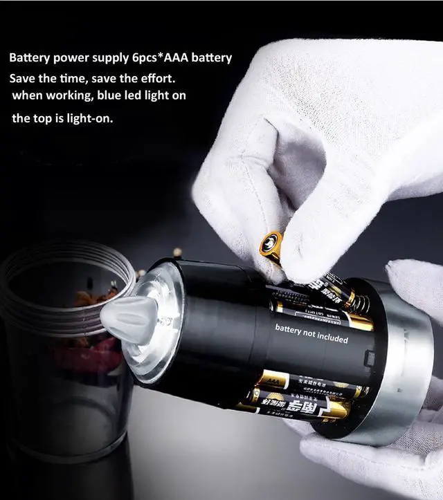 Alt view image 7 of 7 - Electric salt and pepper grinder Gravity induction starting with adjustable coarseness battery power supply blue led light one-hand operation