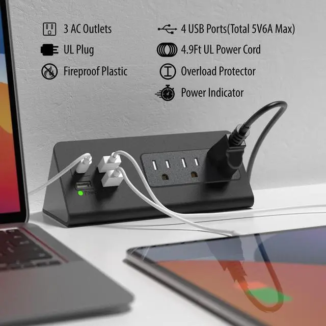 Alt view image 7 of 7 - Power charge station edge clamp mount with USB-C port and AC outlet good for home office dormitory tablets mobile phone Black