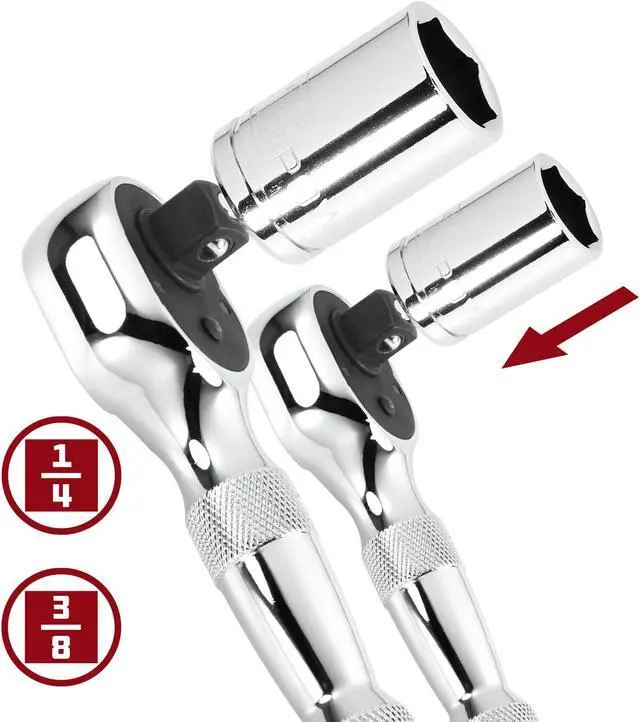 Alt view image 2 of 16 - Powerbuilt 2 Piece Stubby Ratchet Handle Set, 72 Tooth, 1/4-Inch, 3/8-Inch Drive