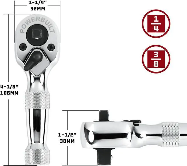 Alt view image 4 of 8 - Powerbuilt 1/4 Inch and 3/8 Inch Drive 72 Tooth Dual Head Stubby Ratchet - 640931