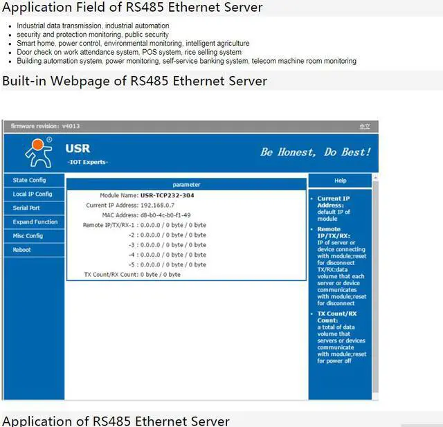 Alt view image 5 of 7 - USR-TCP232-304 Serial RS485 to TCP/IP Ethernet Server Converter Module with Built-in Webpage DHCP/DNS Supported