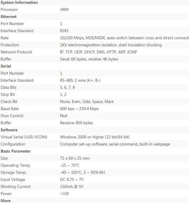 Alt view image 7 of 7 - USR-TCP232-304 Serial RS485 to TCP/IP Ethernet Server Converter Module with Built-in Webpage DHCP/DNS Supported