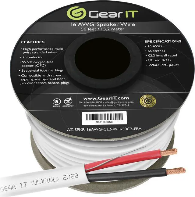 Alt view image 8 of 8 - 16 Gauge CL2 OFC Speaker Wire, GearIT Pro Series 16AWG (50 Feet / 15.24 Meters / White) Oxygen Free Copper UL CL2 Rated In-Wall Speaker Wire Cable for Home Theater and Car Audio Use
