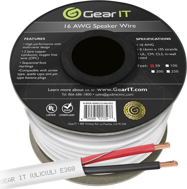 Main image of 16 Gauge CL2 OFC Speaker Wire, GearIT Pro Series 16AWG (50 Feet / 15.24 Meters / White) Oxygen Free Copper UL CL2 Rated In-Wall Speaker Wire Cable for Home Theater and Car Audio Use