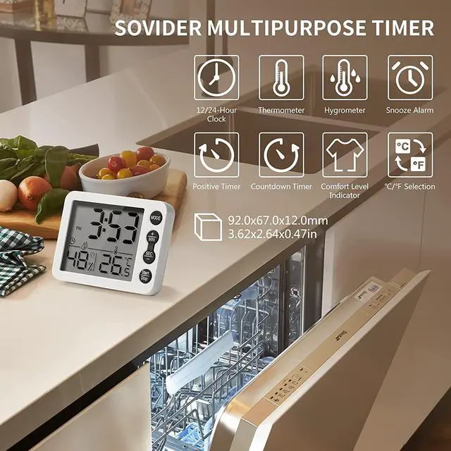 Alt view image 2 of 7 - Digital Kitchen Timer for Cooking, SOVIDER Multi-Purpose Classroom Timer with Time Clock Alarm, Thermometer & Hygrometer | Digital Egg Timer with Magnetic, Large Screen Clock, Comfort Level Indicator