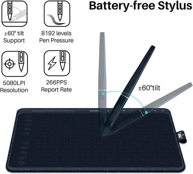 Alt view image 4 of 7 - Huion HS611 Graphics Drawing Tablet 10X6 inch with 8192 Levels Battery-Free Pen, 8 Multimedia Keys and 10 Press Keys, Support Android, Ideal Use for Distance Education and Wed Conference,Starry Blue