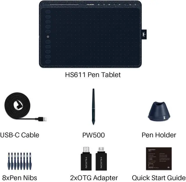 Alt view image 7 of 7 - Huion HS611 Graphics Drawing Tablet 10X6 inch with 8192 Levels Battery-Free Pen, 8 Multimedia Keys and 10 Press Keys, Support Android, Ideal Use for Distance Education and Wed Conference,Starry Blue