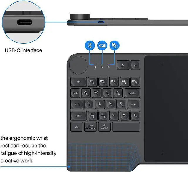 Alt view image 5 of 7 - HUION Inspiroy Keydial KD200 Bluetooth 5.0-Wireless Graphics Drawing Tablet with Keyboard Dial 5 Customized Express Keys Battery-Free Stylus PW517 Tilt for PC, Mac, Android, 8.9x5.6inch Pen Tablet