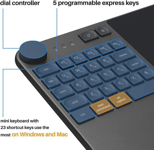 Alt view image 3 of 7 - HUION Inspiroy Keydial KD200 Bluetooth 5.0-Wireless Graphics Drawing Tablet with Keyboard Dial 5 Customized Express Keys Battery-Free Stylus PW517 Tilt for PC, Mac, Android, 8.9x5.6inch Pen Tablet