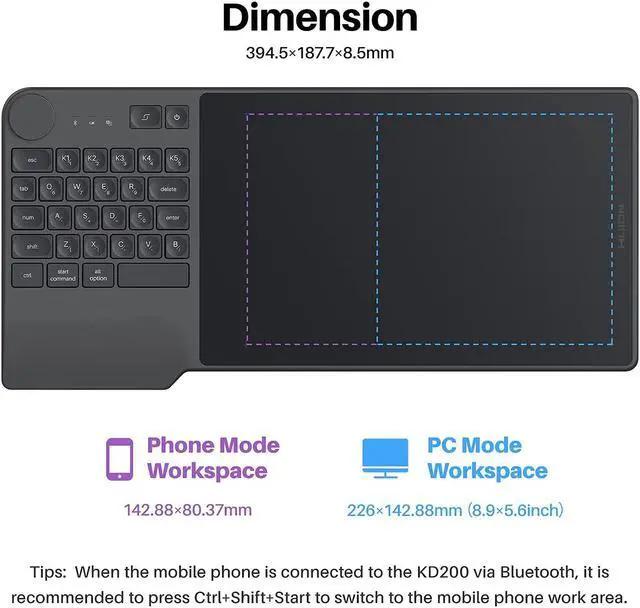 Alt view image 7 of 7 - HUION Inspiroy Keydial KD200 Bluetooth 5.0-Wireless Graphics Drawing Tablet with Keyboard Dial 5 Customized Express Keys Battery-Free Stylus PW517 Tilt for PC, Mac, Android, 8.9x5.6inch Pen Tablet