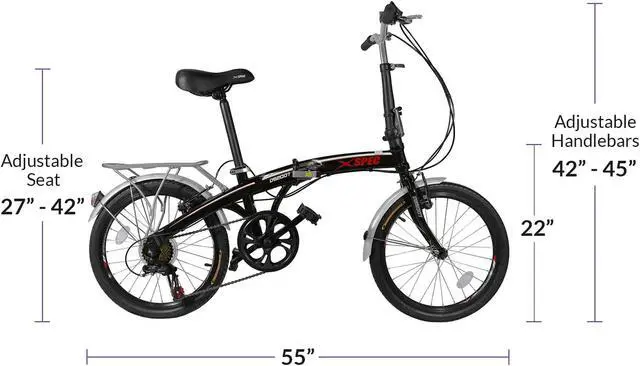 Alt view image 11 of 11 - Xspec 20" 7 Speed Folding Compact City Commuter Bike, Black