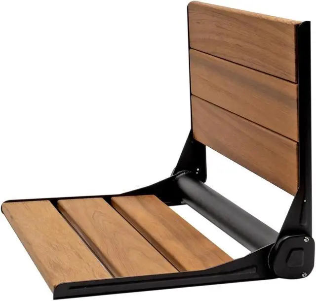 Alt view image 7 of 7 - 18" ADA Compliant Folding Teak Wood Shower Bench Seat Medical Wall Mount Black